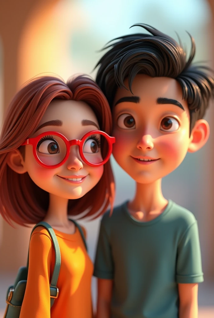 Cartoon characters of a young woman with red glasses wearing a black shirt and an East Asian young man with black hair smiling, animation character, stylized character, animation style rendering, 3D stylized, Arnold Maya rendering, Render 3D stylized, Toon render keyshot, 3D character, 3D character, Stylized 3D rendering, 3d character rendering, cartoon character, Close-up character, Character pose, (pixar style) (master part:1.2) (bokeh) (Best Quality) (detailed skin) (detailed texture) (8k) (clay) (cinematic lighting) (sharp focus