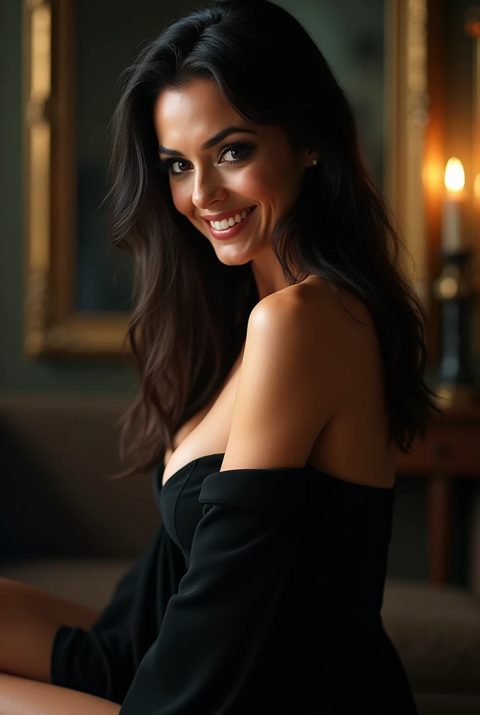 Dominatrix over 40 years old,60 year old woman, thin wrinkles, pose for selfie not Instagram, black gown, smiling showing teeth, heavy makeup with long black hair and black eyes looking at the camera, detailed photo, realistic lighting, top quality real skin: 1.4, Enhanced cinematic lighting: 0.9,hyperrealisti: 1.4, (soft lighting: 1.05) moving figure, sexy dominant pose, domination, mistress, BDSM