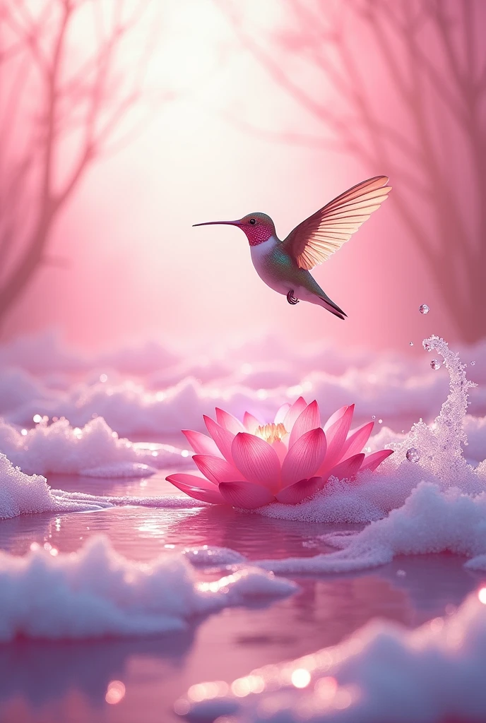 Hummingbird, pink sea waves with a lotus flower emerging and foam