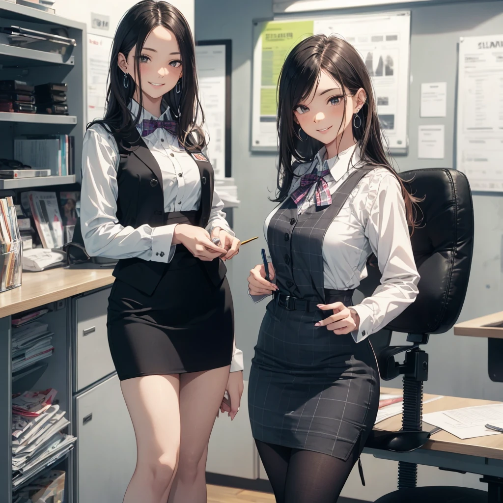 (Best Quality, Masterpiece),Wearing a pink plaid vest, White short sleeved shirt, Gray pencil skirt, Wear stiletto heels, Necklace, earrings, Cute face, Smile, Blushing, Shyness, Glass wall, Ultra Detail, Realistic, Front view, Whole body, stunning, cute, warm smile, hourglass figure, apron, text, chart, advertising, magazine title(Best Quality, Masterpiece), Mag((((1ladyl,)))) (masterpiece), (realistic), (best quality), (ultra-detailed), (wearing in [[white and gray check pattern]] Vest worn over white collared long-sleeved shirt:1.4), (gray vest with buttons:1.2), (Pink Theme:1.2), (blue ribbon ribbon:1.3), (Black theme:1.4), (Tight black pencil skirt:1.5), ((Brown pantyhose)), (high-heels:1.1),longskirt,office desk, office chair,Lulubre Unity 8K Wallpaper, pantyshot, long brown hair, office lady Magazine Cover, 1girl,  amazing, girl, 30 years old, house wiife, warm smile, hourglass figure, text, chart, advertising, 