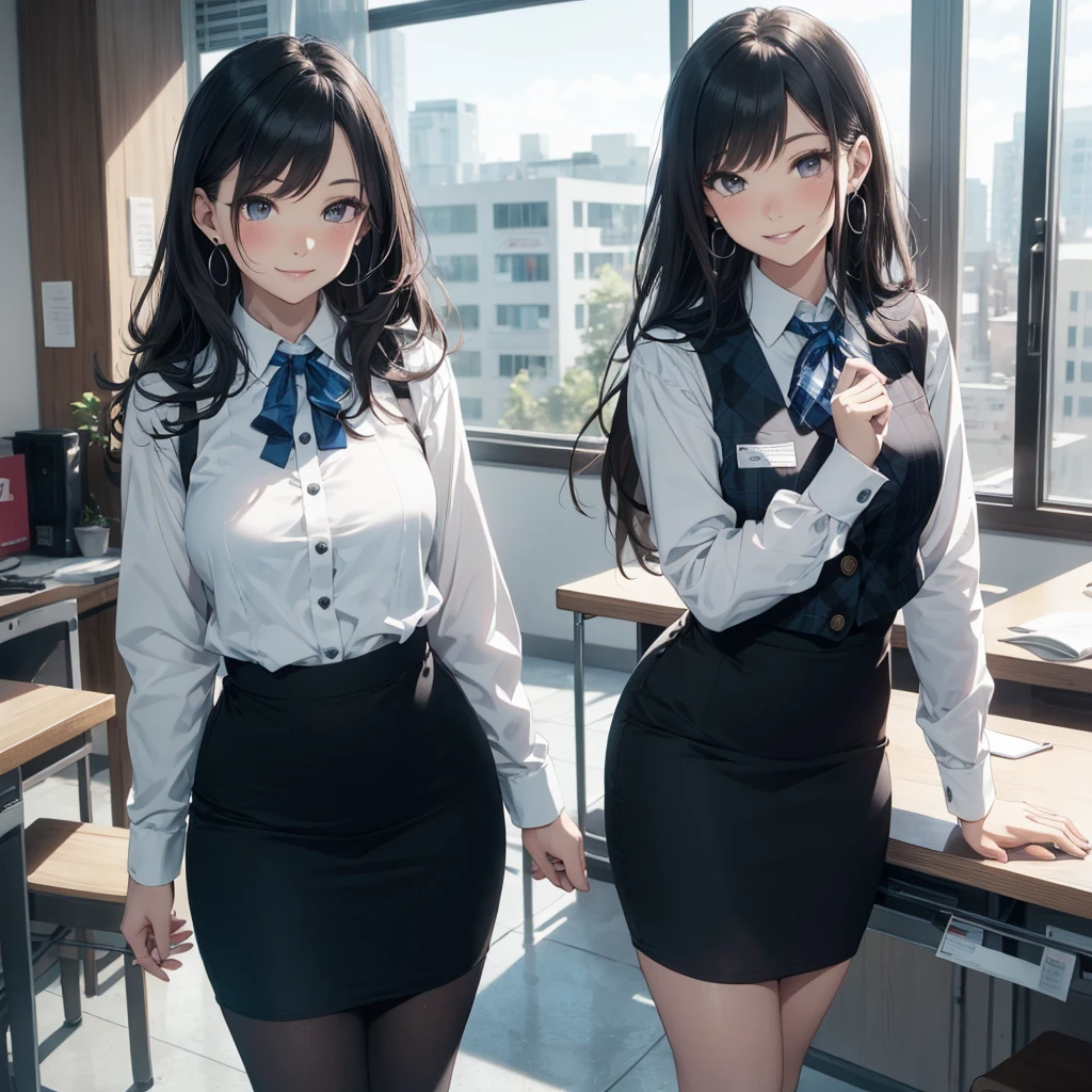 (Best Quality, Masterpiece),Wearing a pink plaid vest, White short sleeved shirt, Gray pencil skirt, Wear stiletto heels, Necklace, earrings, Cute face, Smile, Blushing, Shyness, Glass wall, Ultra Detail, Realistic, Front view, Whole body, stunning, cute, warm smile, hourglass figure, apron, text, chart, advertising, magazine title(Best Quality, Masterpiece), Mag((((1ladyl,)))) (masterpiece), (realistic), (best quality), (ultra-detailed), (wearing in [[white and gray check pattern]] Vest worn over white collared long-sleeved shirt:1.4), (gray vest with buttons:1.2), (Pink Theme:1.2), (blue ribbon ribbon:1.3), (Black theme:1.4), (Tight black pencil skirt:1.5), ((Brown pantyhose)), (high-heels:1.1),longskirt,office desk, office chair,Lulubre Unity 8K Wallpaper, pantyshot, long brown hair, office lady Magazine Cover, 1girl,  amazing, girl, 30 years old, house wiife, warm smile, hourglass figure, text, chart, advertising, 