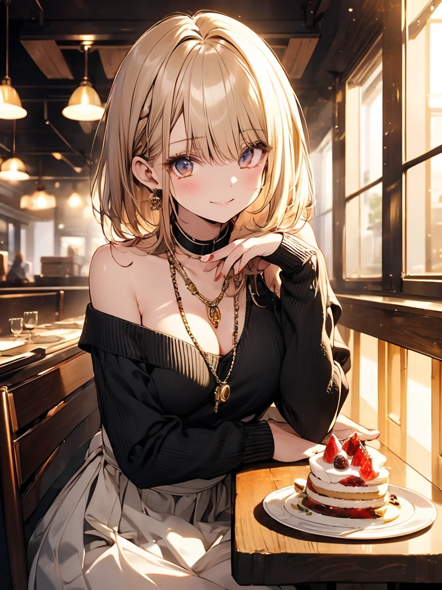 masterpiece, absurdres, best quality, ultra detailed, high Resolution, detailed illustration, extremely beautiful detailed face and eyes, bright colour, 1girl, cute face, Delicate beautiful face, yellow eyes, cute eyes, sparkling eyes, big eyes, medium breasts, (perky breasts:1.1), (pointy breasts:1.1), medium hips, glamorous body, white skin, smile, BREAK, long bob cut, (blonde hair:0.8), messy hair, detailed hair, shiny hair, BREAK off shoulder sweater, No earings, long skirt, tiny ribbon, restaurant, shortcake, real world, natural lights, perfect lighting,
