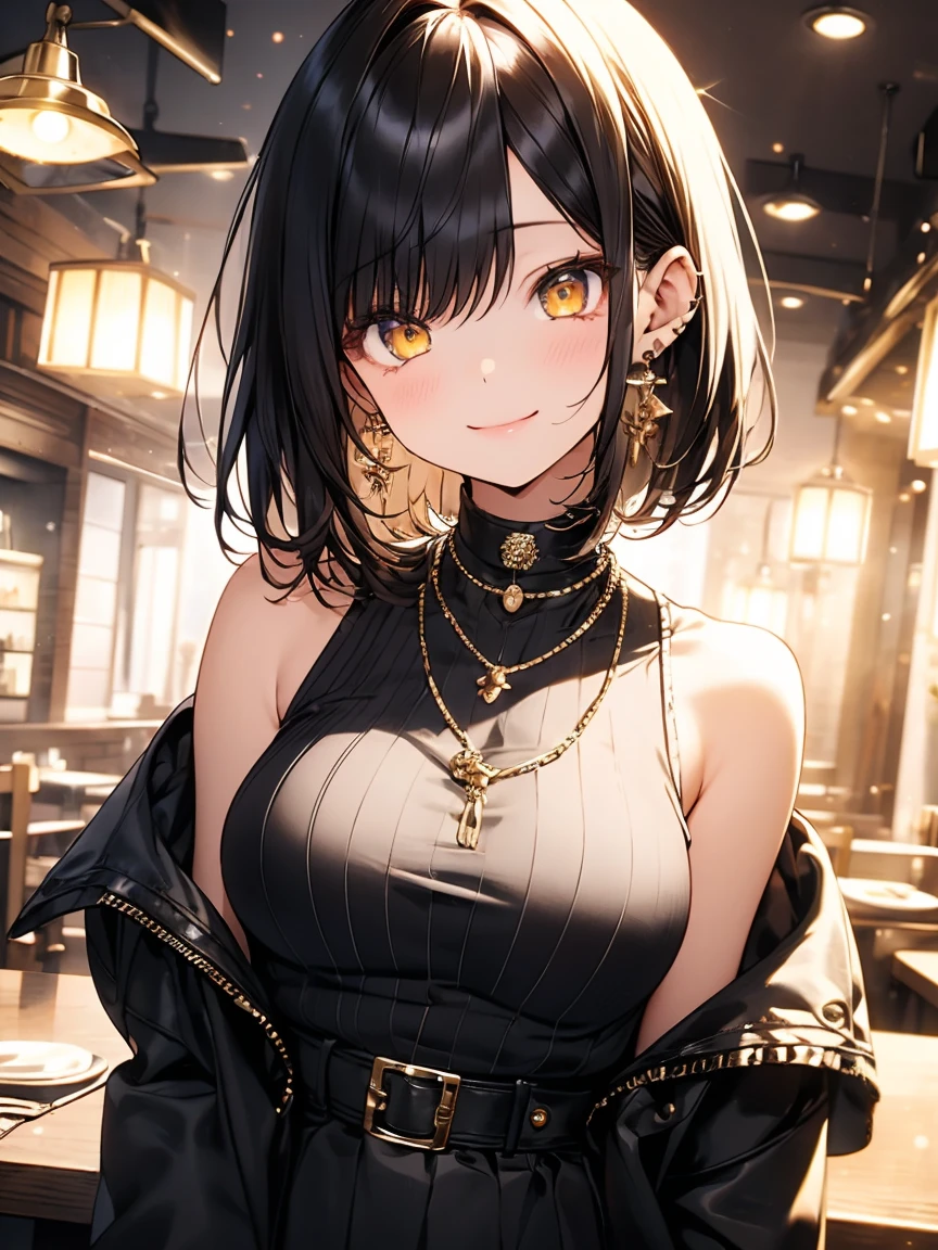 masterpiece, absurdres, best quality, ultra detailed, high Resolution, detailed illustration, extremely beautiful detailed face and eyes, bright colour, 1girl, cute face, Delicate beautiful face, yellow eyes, cute eyes, sparkling eyes, big eyes, medium breasts, (perky breasts:1.1), (pointy breasts:1.1), medium hips, glamorous body, white skin, smile, BREAK, long bob cut, (blonde hair:0.8), messy hair, detailed hair, shiny hair, BREAK off shoulder sweater, No earings, long skirt, tiny ribbon, restaurant, shortcake, real world, natural lights, perfect lighting, 