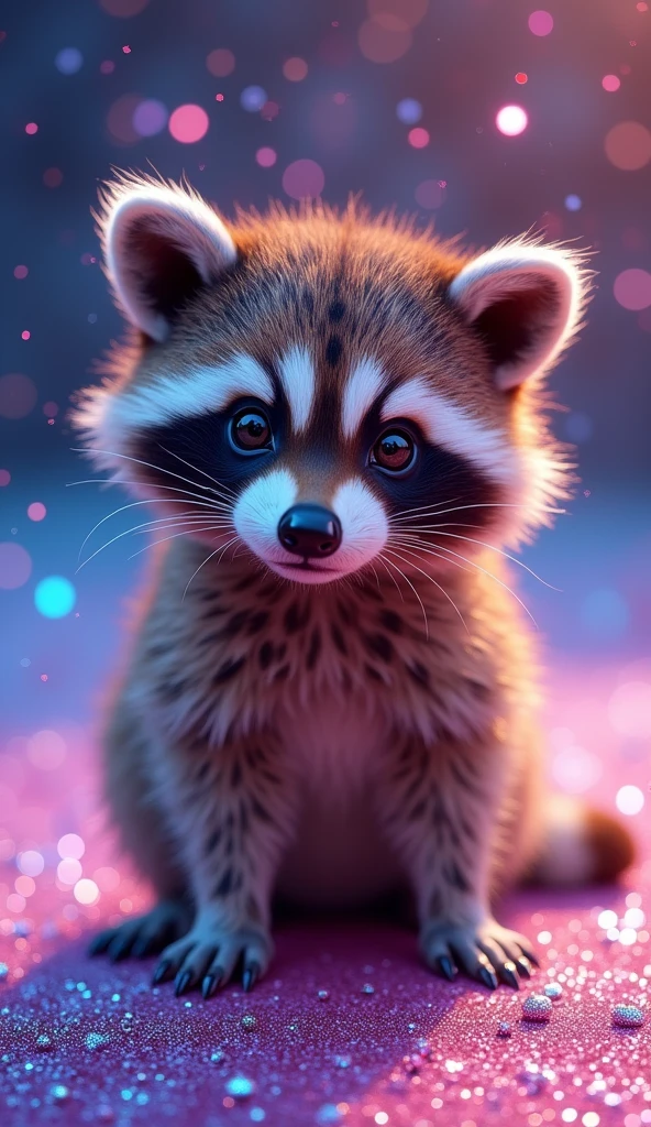 A captivating and whimsical conceptual photograph featuring a delightfully fluffy baby raccoon, adorned with a playful leopard fur pattern. The raccoon is surrounded by vibrant and enchanting iridescent glitter that creates a shimmering gradient of colors, ranging from deep purple to royal blue to soft pink. The glitter particles scatter around the scene, giving off a festive, disco-ball-like atmosphere. The photograph's luxurious, versatile design makes it suitable for various applications, including fashion, photography, 3D renderings, and conceptual art., photo, 3d render, conceptual art