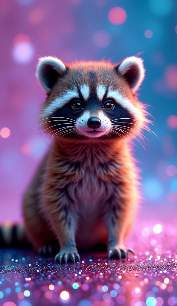 A captivating and whimsical conceptual photograph featuring a delightfully fluffy baby raccoon, adorned with a playful leopard fur pattern. The raccoon is surrounded by vibrant and enchanting iridescent glitter that creates a shimmering gradient of colors, ranging from deep purple to royal blue to soft pink. The glitter particles scatter around the scene, giving off a festive, disco-ball-like atmosphere. The photograph's luxurious, versatile design makes it suitable for various applications, including fashion, photography, 3D renderings, and conceptual art., photo, 3d render, conceptual art