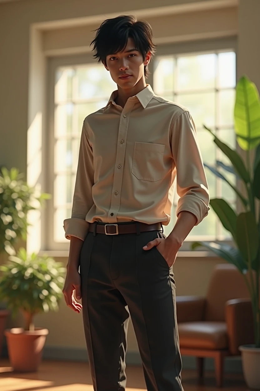 Hyperrealastic, man, stand on campus placement interview, wearing Cort pants, black hair, indoors, soft lighting, plants in background, with sunlight, college room, nervous pose, hyper realistic, intricate details, warm colors