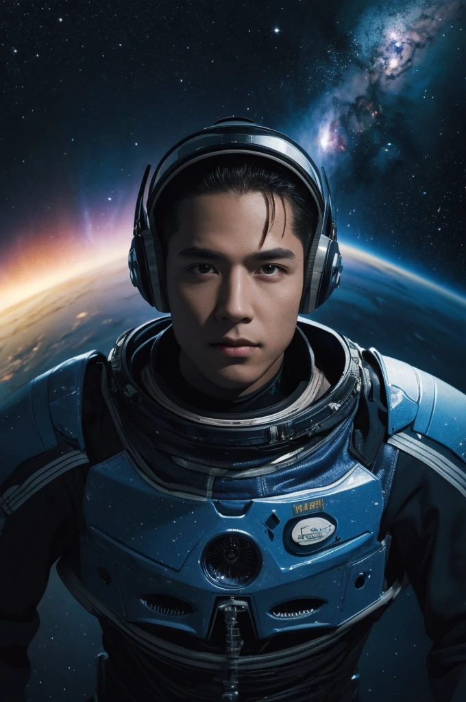 (best quality, masterpiece),Detailed,1boy,astronaut,complex portrait of a sci-fi Borg floating in outer space,nebula,galaxy,Looking forward,(cybernetic limb:0.7),