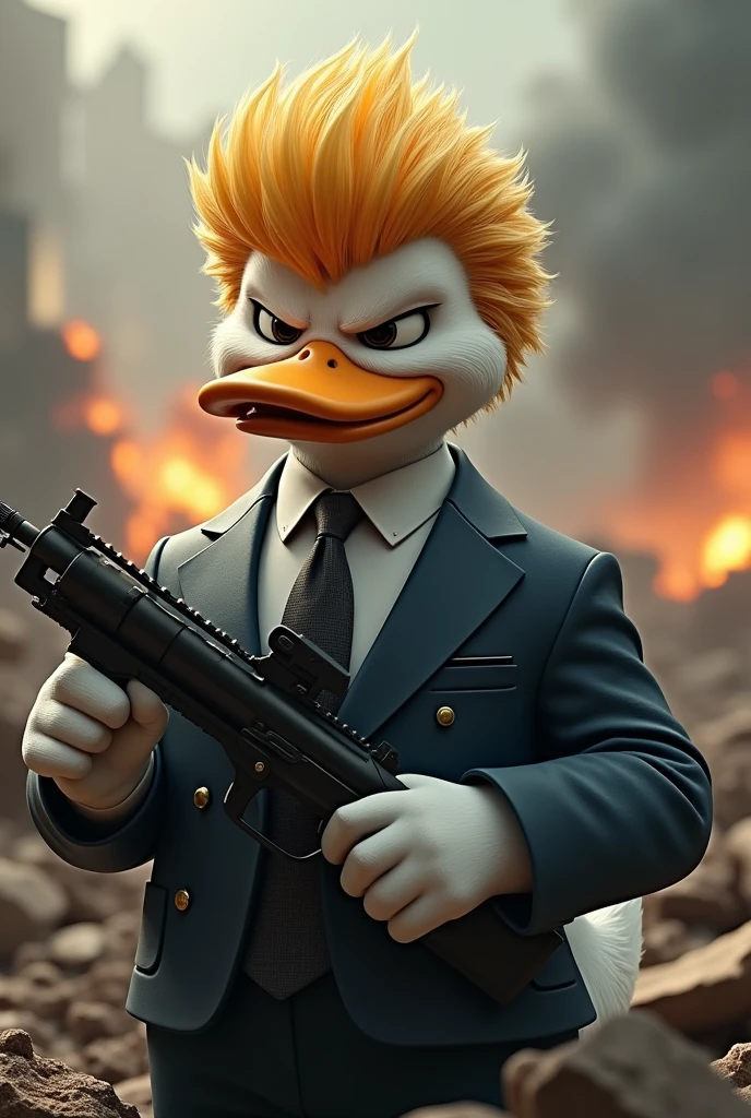 Mafia duck with hair of donald trump, battlefield background, holding a gun
