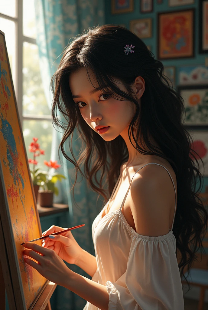 I want a pretty girl with long black hair and tall white skin painting a painting in her room while in her room there are many paintings and canvases all over her room