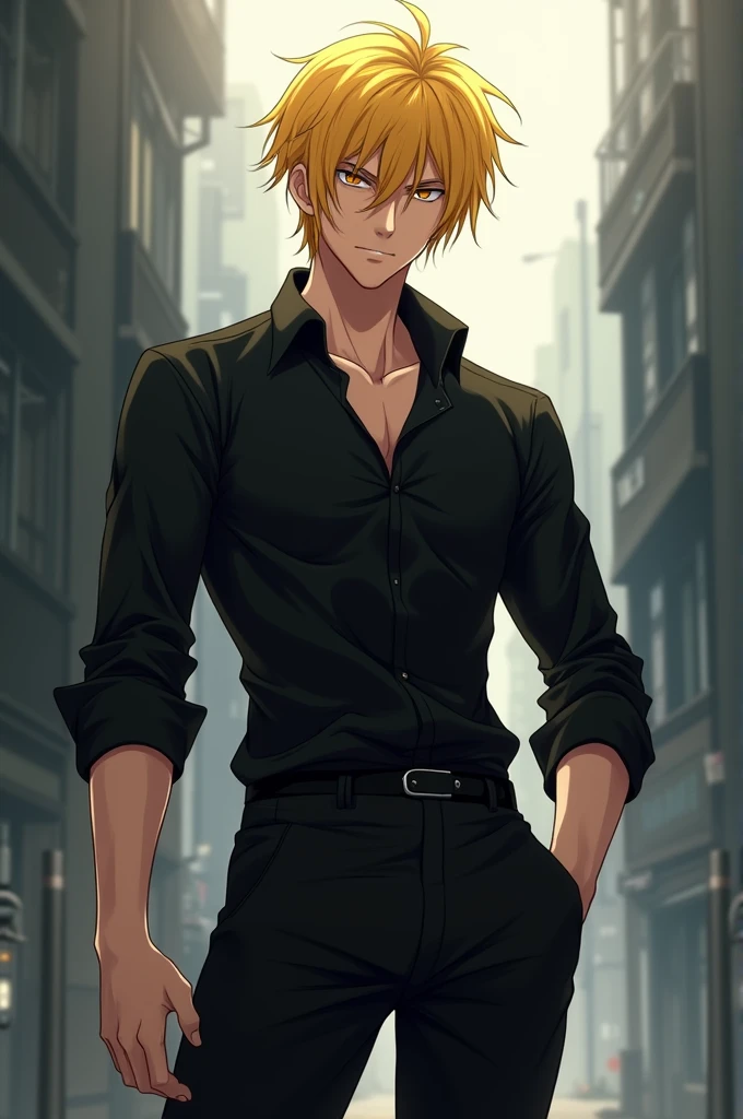 Male anime character yellow hair black long sleeve shirt black pants