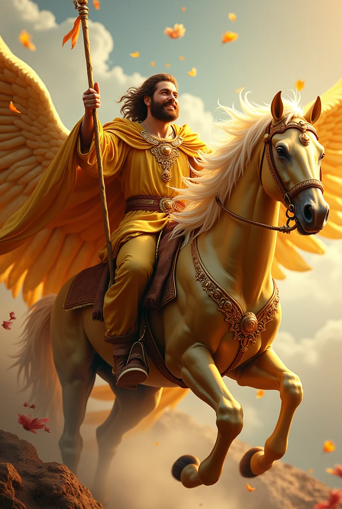 Powerful looking regal male, wearing copper coloured clothes, holding a stick in one hand and rosary in another hand, golden yellow cloak, riding a golden flying horse through gust of flying flowers, loving smile and kind eyes