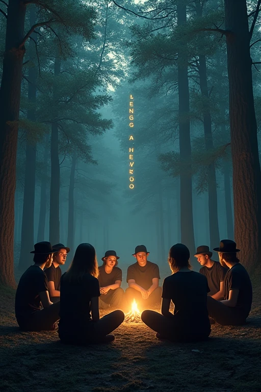 Group of young people forming a circle around a campfire dressed in black t-shirts, black pants, black hats take their backs in the forest full of night trees with runes floating above them 