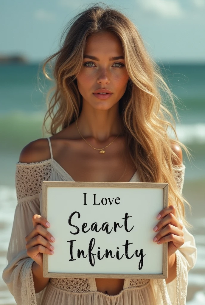 Beautiful girl with wavy long hair, bohemian dress, holding a white board with text "I Love Seaart Infinity" and showing it to the viewer