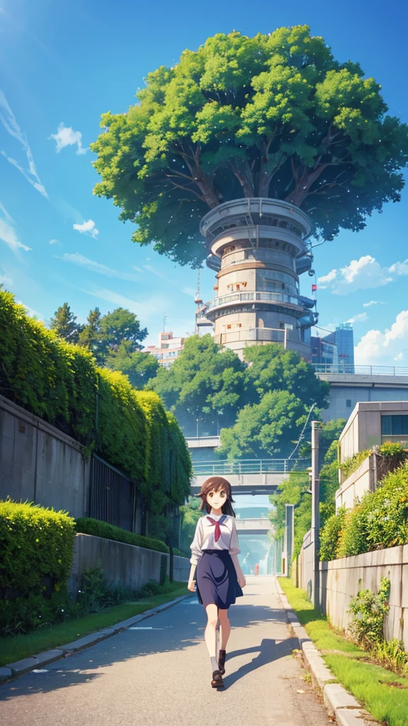 "Create a Ghibli-style anime image featuring a close-up of a young female office worker (OL) in a smart business suit, walking on an overpass in a bustling city. Her face is filled with determination and hope as she gazes up at the clear, bright blue sky. The background includes a vibrant urban landscape with tall buildings and sunlit green trees lining the roads below. The image captures the warmth, optimism, and magical feeling of achieving dreams, with the characteristic detail and emotion of Studio Ghibli animation."