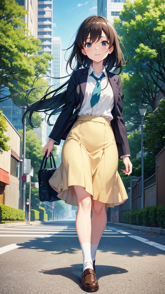 "Create a Ghibli-style anime image featuring a close-up of a young female office worker (OL) in a smart business suit, walking on an overpass in a bustling city. Her face is filled with determination and hope as she gazes up at the clear, bright blue sky. The background includes a vibrant urban landscape with tall buildings and sunlit green trees lining the roads below. The image captures the warmth, optimism, and magical feeling of achieving dreams, with the characteristic detail and emotion of Studio Ghibli animation."