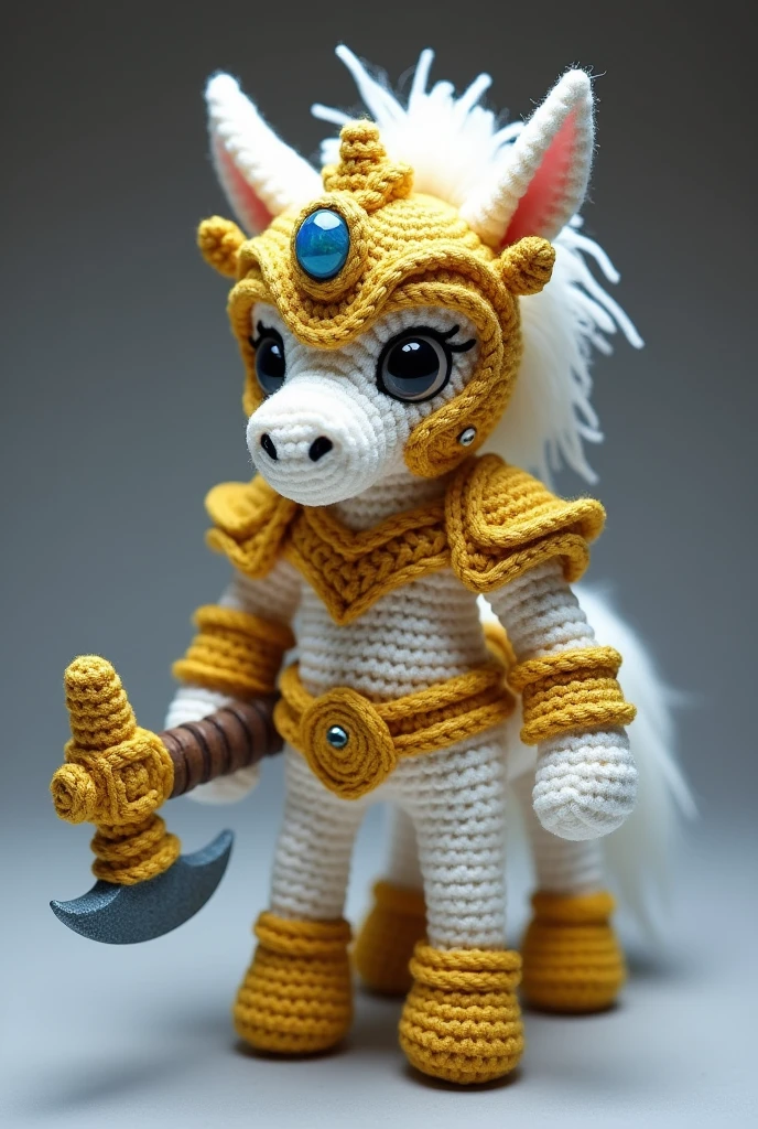 Crocheted amigurumi of the character Hylos from the game mobile legends, He is a white centaur with golden armor and a helmet with wings, he has elf features, Half human of light tea, half white horse, he carries a large axe with a blue gem, he has completely white and slanted eyes the armor is not complete, if he does not wear a bare torso and only armor over his helmets, shoulders and on his head He has a human face, with elf features, a naked skin-colored torso, the body of an adult 