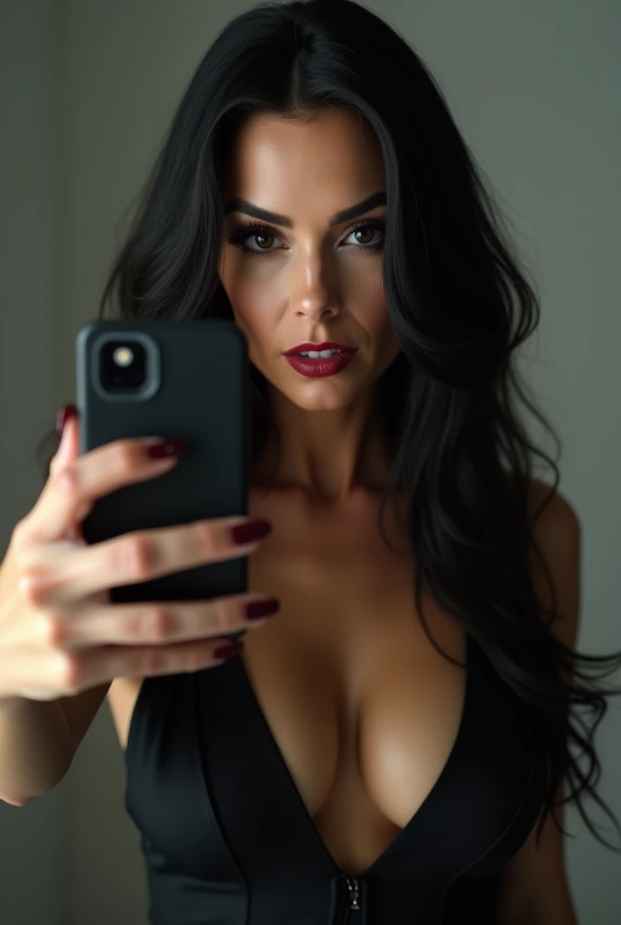 Dominatrix over 40 years old,60 year old woman, thin wrinkles, pose for selfie not Instagram, black gown, smiling showing teeth, heavy makeup with long black hair and black eyes looking at the camera, detailed photo, realistic lighting, top quality real skin: 1.4, Enhanced cinematic lighting: 0.9,hyperrealisti: 1.4, (soft lighting: 1.05) moving figure, sexy dominant pose, domination, mistress, BDSM