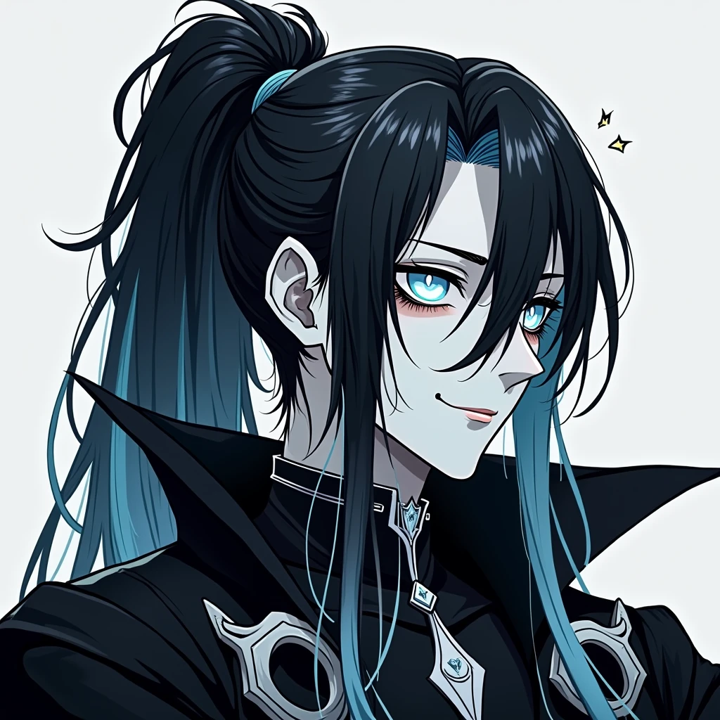 Pale man with very long black hair with blue highlights tied in a high half ponytail. White eyes with black sclera. He wears black armor with white details, along with a black cape. Smile with her eyes closed. Black cracks around his neck.