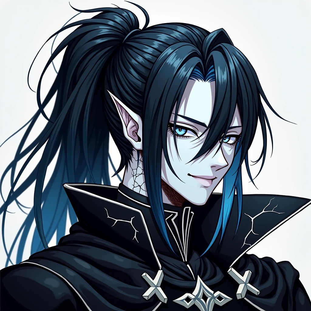 Pale man with very long black hair with blue highlights tied in a high half ponytail. White eyes with black sclera. He wears black armor with white details, along with a black cape. Smile with her eyes closed. Black cracks around his neck.