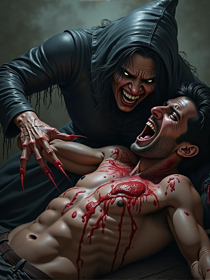 With a quick movement, the witch digs her claws into the man's arm, blood runs through her fingers as he screams in pain."