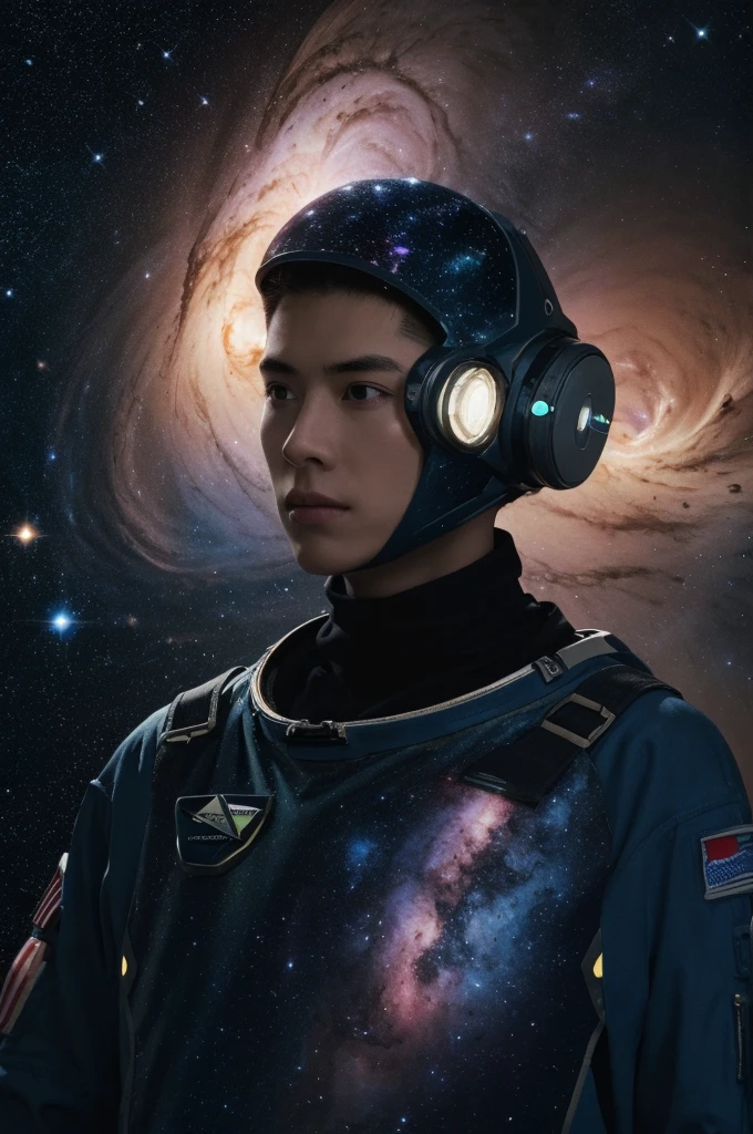 (best quality, masterpiece),Detailed,1boy,astronaut,complex portrait of a sci-fi Borg floating in outer space,nebula,galaxy,Looking forward,(cybernetic limb:0.7),
