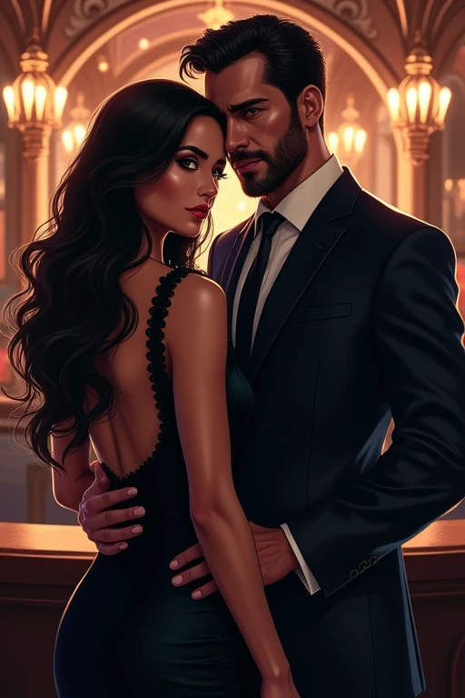 **Description of the cover:**
The book cover should follow a style of dark and intense romance, centered on the theme of the mafia. En el centro de la imagen, an imposing-looking man is positioned. he has dark hair, a well-defined beard, and wears a stylish suit, highlighting its power and authority, referring to the figure of a CEO or a mafia boss.
Beside him, a woman of striking beauty, with long dark hair, wears an elegant and sensual dress. She has an expression of confidence, but also mystery, indicating that there is more to his story than meets the eye.
Ao fundo, a luxurious casino should be seen, illuminated by neon lights, that reflect the glamorous and at the same time somber atmosphere of the environment. The lighting should be subtle, creating a contrast between the bright lights of the casino and the shadows around it, reinforcing the theme of power and danger.
**Text Elements:**
- **Title:** The book title should be highlighted in gold letters, with an elegant and imposing font.
- **Caption:** positioned below the title, also in gold letters, but slightly smaller, maintaining sophistication.
- **Author's Name:** The name should be placed at the bottom of the cover, in a font that matches the title and subtitle, also in gold.