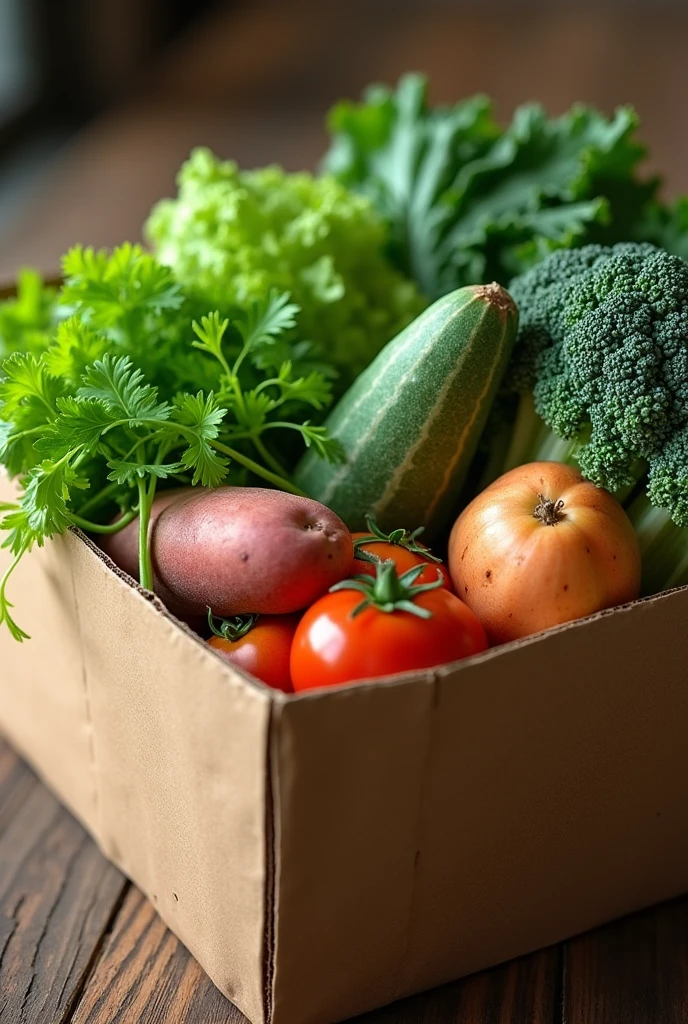 Generate an image with a cardboard box containing lettuce, kale, cilantro, sweet potato, and tomato.