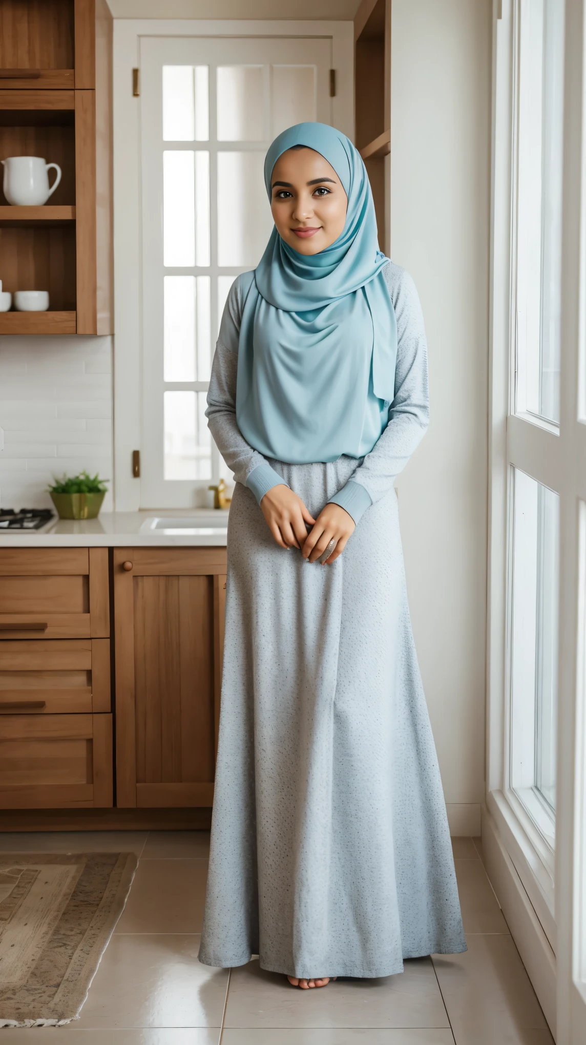 A cute young muslim housewife in long skirt, sweater, hijab, standing in kitchen, looking to camera, photography,cozy atmosphere, morning scene,tranquil surroundings,serene expression,feminine gesture, peaceful environment,pleasant weather,blissful ambiance,textured fabrics,exquisite detailing,loose hijab,cute clothing style,serene expression,joyful atmosphere,sunny day,bright and cheerful,face to viewer,body facing to viewer,full body portrait,tall background