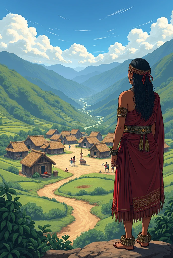 Image of an Inca who, from a good distance, observes the first huts of the population, hears the laughter of the children, and watches the smoke rising from the cooking fires of the houses, anime style.