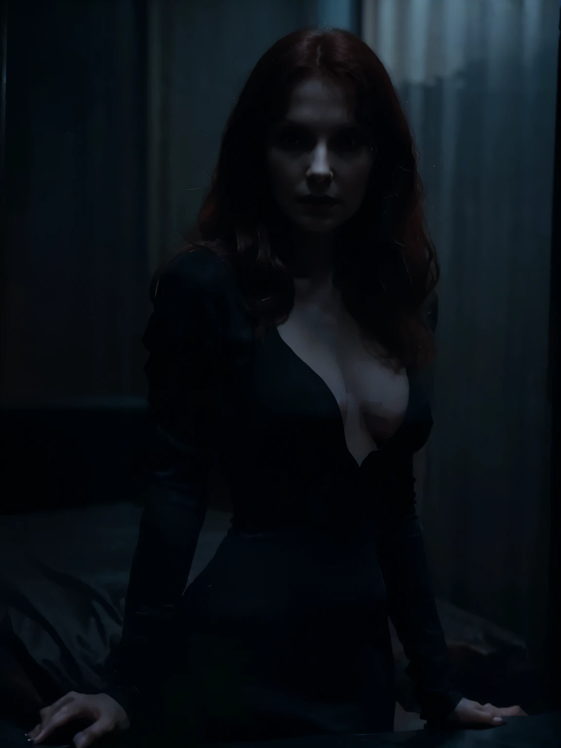 a beautiful pale woman (Beverly Crusher)with deep black hair, blood red lips, and sharp fangs, wearing a slinky black dress with a deeply plunging neckline, emerging from a mysterious fog in a 1950s bedroom, (best quality,4k,8k,highres,masterpiece:1.2),ultra-detailed,(realistic,photorealistic,photo-realistic:1.37),dramatic lighting, moody atmosphere, cinematic, highly detailed, dark fantasy, dark and moody, chiaroscuro lighting, dramatic shadows, hyper realistic, gothic glamour, alluring and seductive
