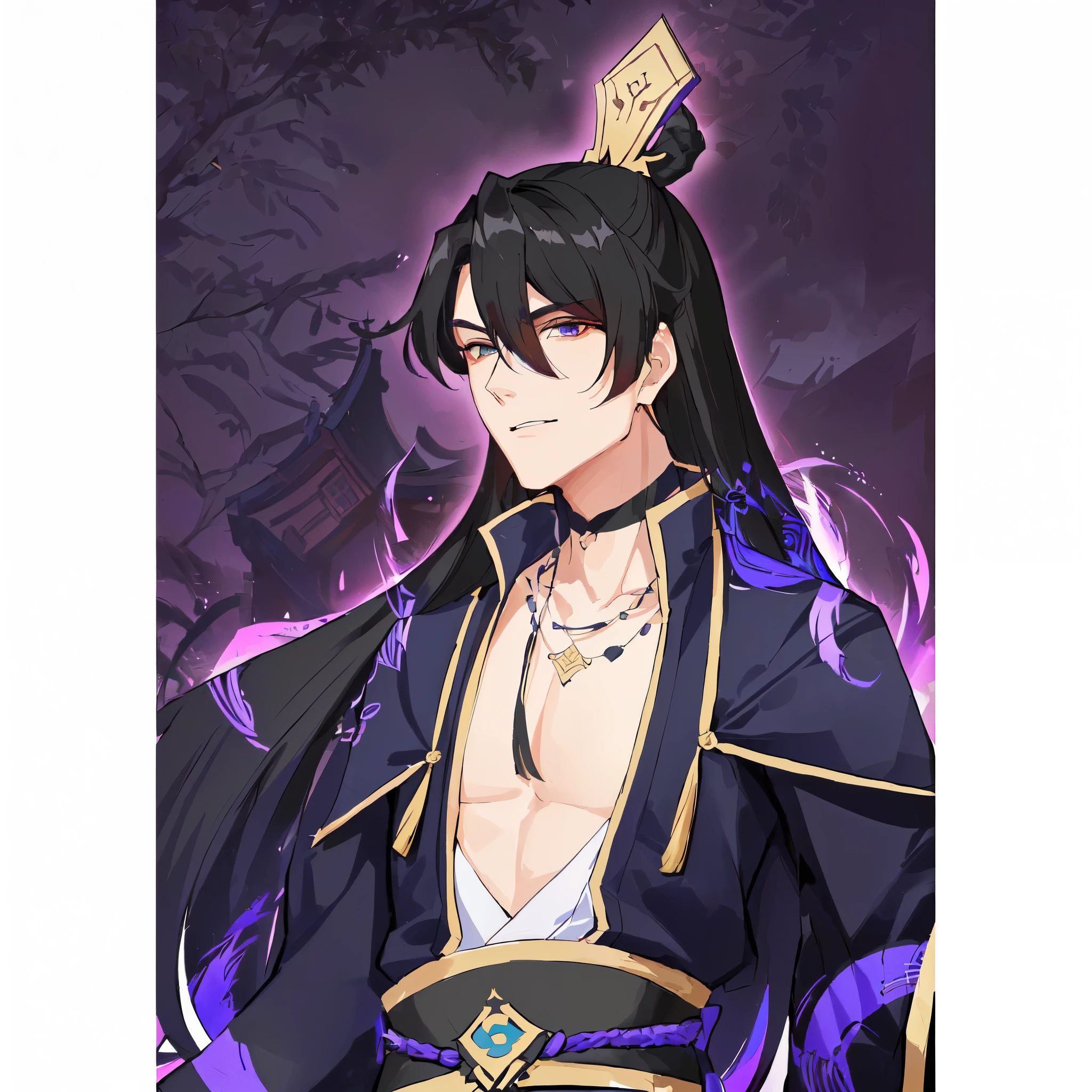 a close up of a person wearing a black and purple outfit, heise jinyao, keqing from genshin impact, zhongli from genshin impact, onmyoji portrait, genshin impact character, taisho roman, inspired by Huang Shen, hijikata toushirou, black - haired mage, inspired by Shen Zhou, masamune shiro, vilão malvado, cara de mal, vilanesco, vilão maligno, muito malvado, cara de bravo