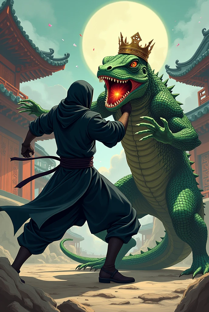 Create an anime-style image with the following scenario:
A ninja dethroning and taking the crown from a lizard king