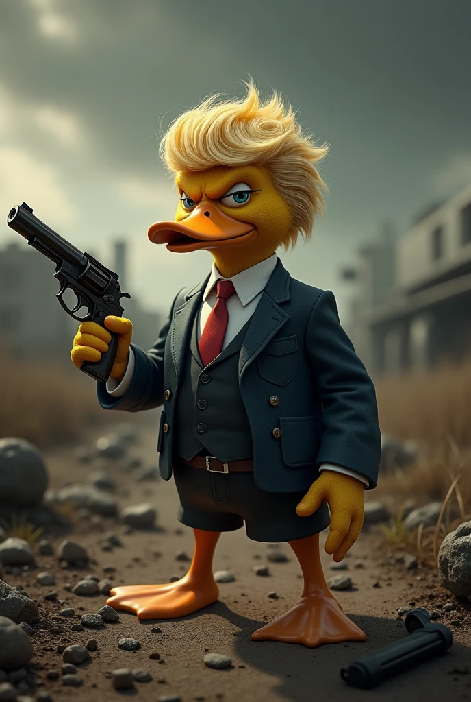 Mafia duck with hair of donald trump, battlefield background, holding a gun