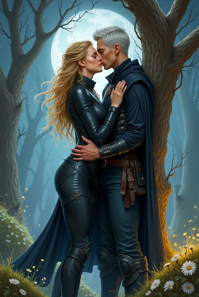 Create a realistic watercolor illustration of a romantic scene between a woman and a fae man. Celaena Sardothien, a tall young woman with long, wavy golden-blonde hair and blue eyes, is dressed in a fitted black leather bodysuit with reinforced areas, belts, and a dagger hanging at her waist. She wears a black hooded cloak covering her head. Rowan Whitethorn, a fae man around 25 years old, tall and ethereal, has short silver-white hair, green eyes, and pale skin. He is dressed in an elegant high-collared shirt, stylized trousers, and a regal cloak with silver sparkles.

In the illustration, Celaena and Rowan are together in a romantic pose, showcasing their special connection in a passionate kiss. He has her pressed against the trunk of a tree, kissing her with complete intensity. The background should be a magical and enchanted landscape, with moonlit forests, sparkling stars, and ethereal details that enhance the romantic atmosphere. Use soft and bright colors to capture the beauty and connection between the characters, highlighting the magical and enchanting ambiance of the scene.