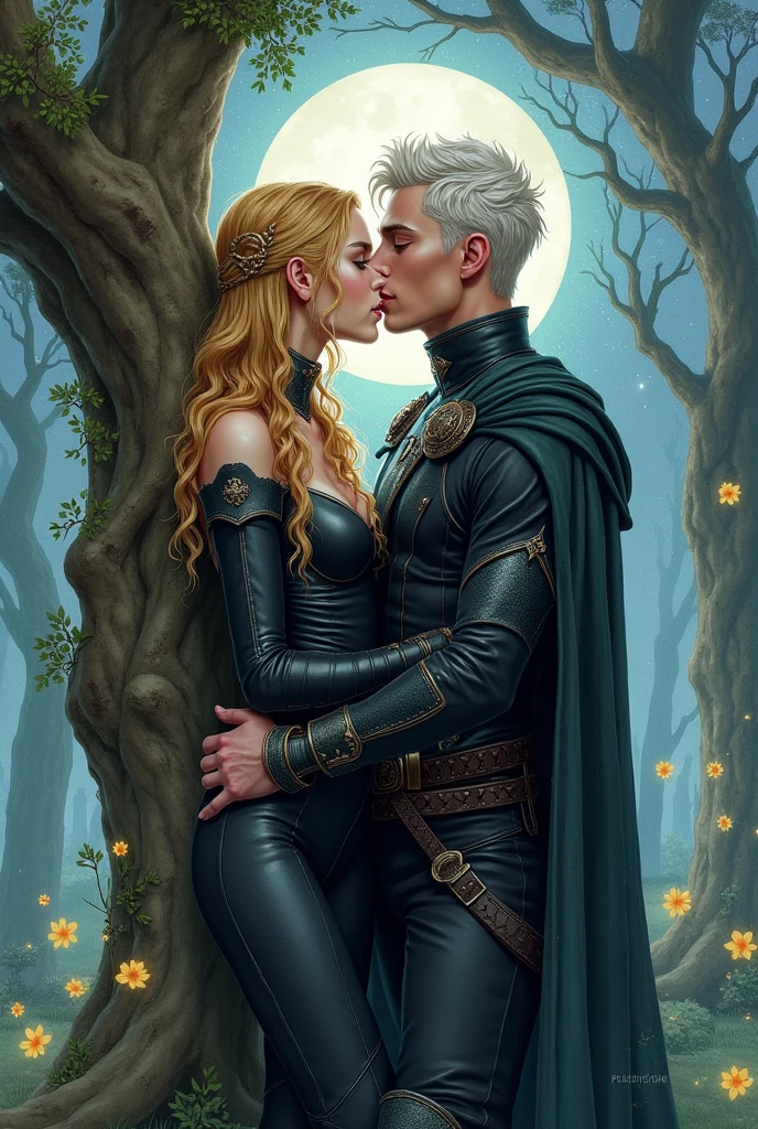 Create a realistic watercolor illustration of a romantic scene between a woman and a fae man. Celaena Sardothien, a tall young woman with long, wavy golden-blonde hair and blue eyes, is dressed in a fitted black leather bodysuit with reinforced areas, belts, and a dagger hanging at her waist. She wears a black hooded cloak covering her head. Rowan Whitethorn, a fae man around 25 years old, tall and ethereal, has short silver-white hair, green eyes, and pale skin. He is dressed in an elegant high-collared shirt, stylized trousers, and a regal cloak with silver sparkles.

In the illustration, Celaena and Rowan are together in a romantic pose, showcasing their special connection in a passionate kiss. He has her pressed against the trunk of a tree, kissing her with complete intensity. The background should be a magical and enchanted landscape, with moonlit forests, sparkling stars, and ethereal details that enhance the romantic atmosphere. Use soft and bright colors to capture the beauty and connection between the characters, highlighting the magical and enchanting ambiance of the scene.