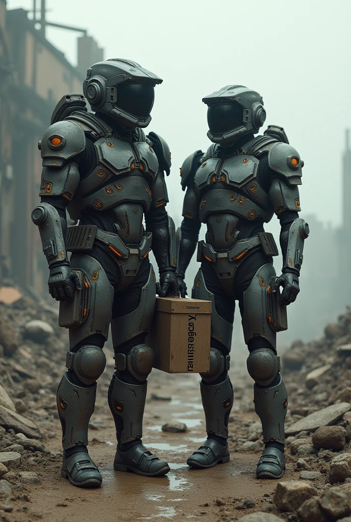 Two futuristic soldiers, In an apocalyptic world, with their damaged armor, with a box written cousinplay,