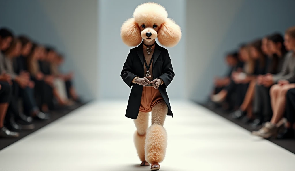 create a Poodle dog walking like a human he is a model wearing fashion clothes