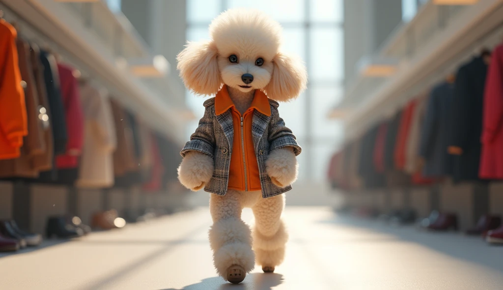 create a Poodle dog walking like a human he is a model wearing fashion clothes