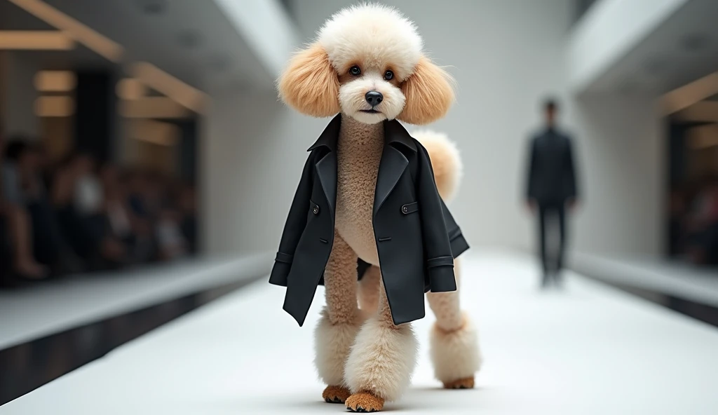 create a Poodle dog walking like a human he is a model wearing fashion clothes