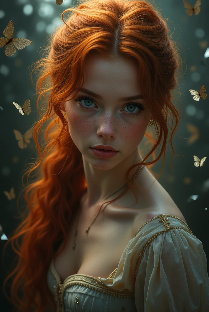 (solo, full body photo:1.3), (action packed:1.3), (haze, fog, mist:1.3), chiaroscuro, best quality, photorealistic, 1woman, (cute), (24yo:1.2), redhead, long ginger hair highly detailed, 1700'S, digital photography, art by artgerm and ruan jia and greg rutkowski surreal painting gold butterfly filigree, broken glass, (masterpiece, sidelighting, finely detailed Fashionable eyes: 1.2) (perfect oval large eyes that gazes at the viewer), beautiful detailed face, blue gorgeous perfect eyes, (blonde hair ponytail), (attractive young woman:1.3), (thick amazing hair), (seductive:1.1), (blushing:1.1)
