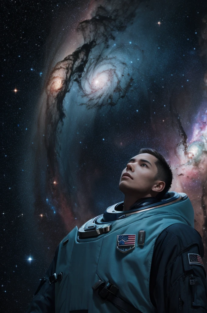 (best quality, masterpiece),Detailed,1boy,astronaut,complex portrait of a sci-fi Borg floating in outer space,nebula,galaxy,Looking forward,(cybernetic limb:0.7),