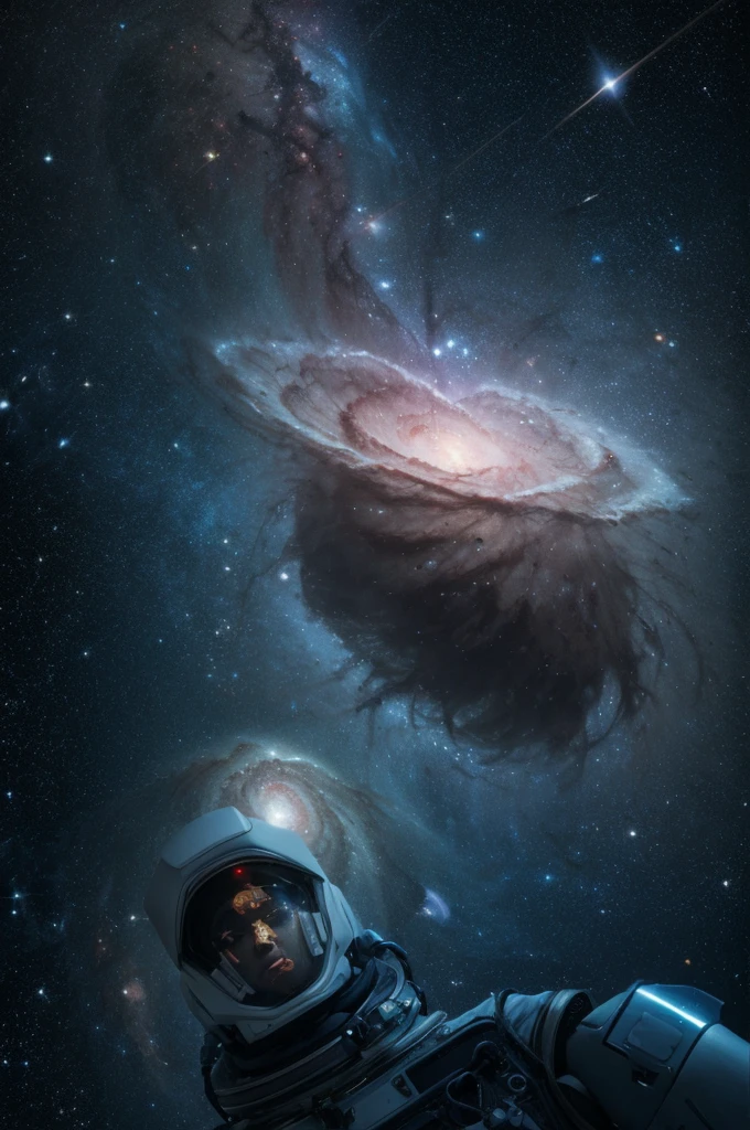 (best quality, masterpiece),Detailed,1boy,astronaut,complex portrait of a sci-fi Borg floating in outer space,nebula,galaxy,Looking forward,(cybernetic limb:0.7),