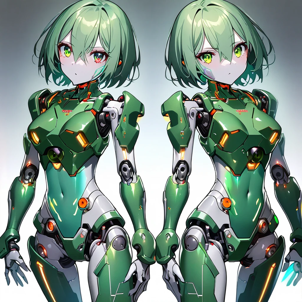 science fiction, android girls(twins, metallic skin, metallic green hair, short hair, cyber joint, ball joint, green flash eyes, green arm armor, green leg armor, deep green body armor)