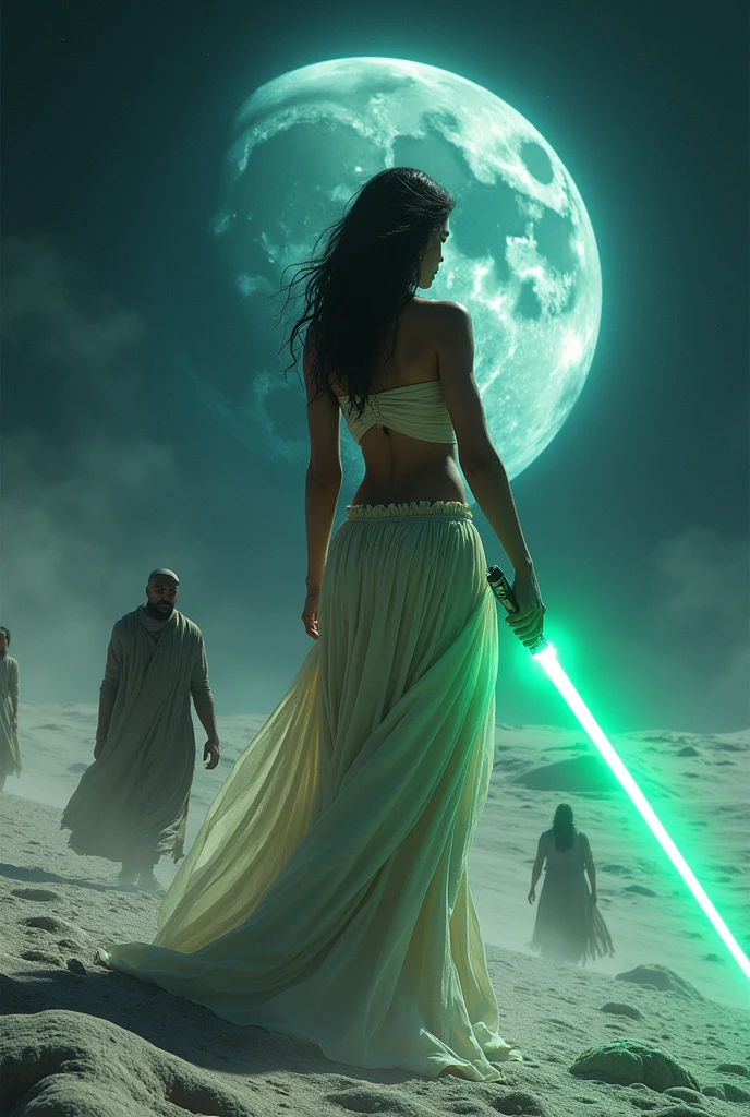 Most beautiful woman in the world with Indian roots, green eyes, naked, on the moon with a lightsaber, fighting against druids