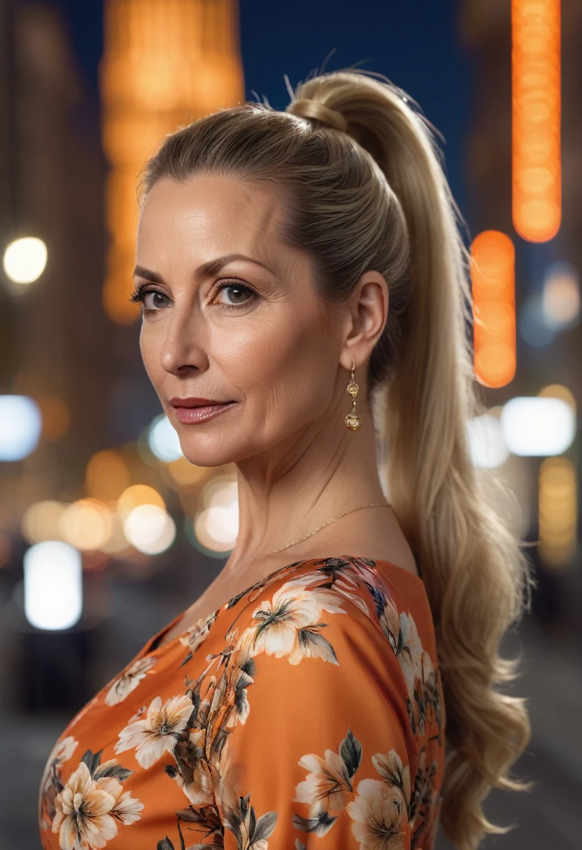 Close-up, 8K quality, realistic image of a beautiful 45 year old European woman with long blonde hair tied back in a ponytail. She had a curvy body with slightly larger breasts and was wearing an orange floral patterned blouse and a short skirt. He stood in the city at night, with the soft city lights illuminating him. The background features city buildings, street lights, and a lively night scene, highlighting its calm and elegant presence in the urban environment.