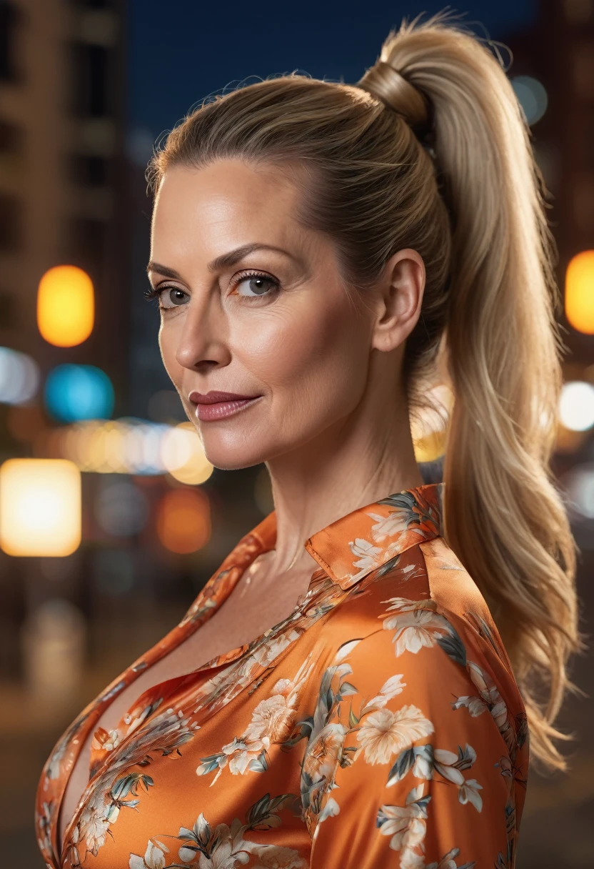 Close-up, 8K quality, realistic image of a beautiful 45 year old European woman with long blonde hair tied back in a ponytail. She had a curvy body with slightly larger breasts and was wearing an orange floral patterned blouse and a short skirt. He stood in the city at night, with the soft city lights illuminating him. The background features city buildings, street lights, and a lively night scene, highlighting its calm and elegant presence in the urban environment.