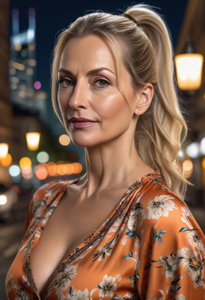 Close-up, 8K quality, realistic image of a beautiful 45 year old European woman with long blonde hair tied back in a ponytail. She had a curvy body with slightly larger breasts and was wearing an orange floral patterned blouse and a short skirt. He stood in the city at night, with the soft city lights illuminating him. The background features city buildings, street lights, and a lively night scene, highlighting its calm and elegant presence in the urban environment.