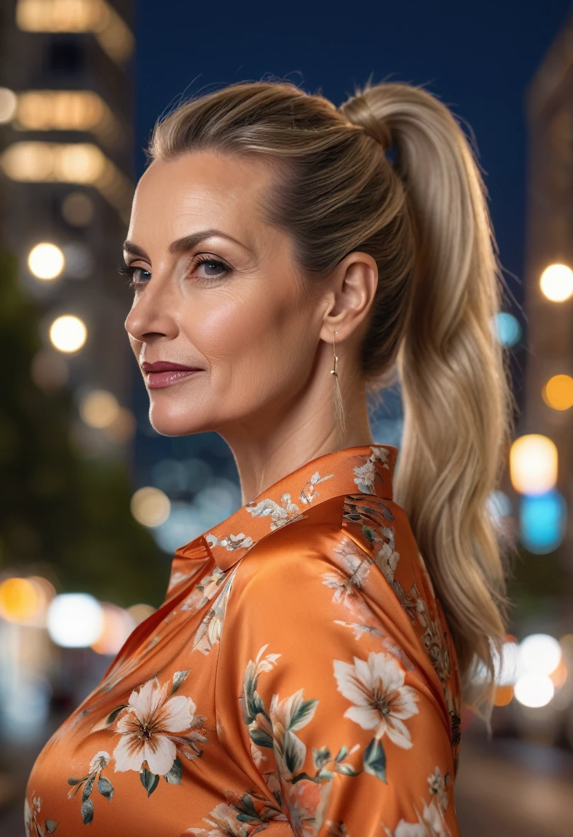 Close-up, 8K quality, realistic image of a beautiful 45 year old European woman with long blonde hair tied back in a ponytail. She had a curvy body with slightly larger breasts and was wearing an orange floral patterned blouse and a short skirt. He stood in the city at night, with the soft city lights illuminating him. The background features city buildings, street lights, and a lively night scene, highlighting its calm and elegant presence in the urban environment.