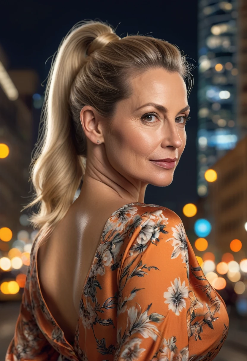 Close-up, 8K quality, realistic image of a beautiful 45 year old European woman with long blonde hair tied back in a ponytail. She had a curvy body with slightly larger breasts and was wearing an orange floral patterned blouse and a short skirt. He stood in the city at night, with the soft city lights illuminating him. The background features city buildings, street lights, and a lively night scene, highlighting its calm and elegant presence in the urban environment.