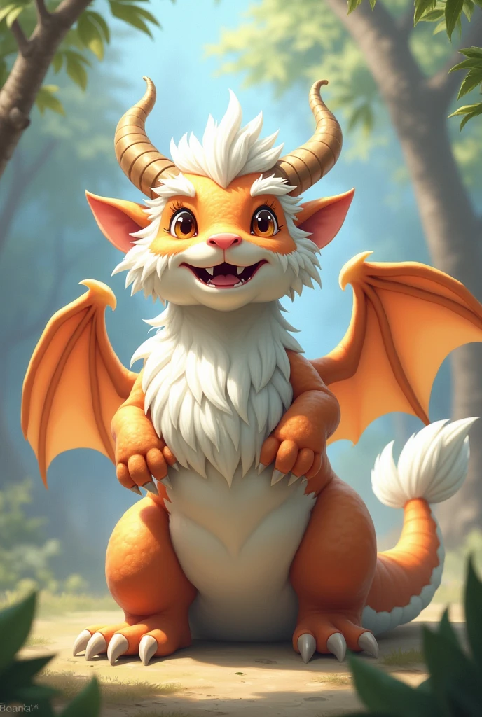 furry art, feral, furred dragon, male, white fur, feathered wings, big ears, horns, tail, chest fluff, paws, fangs, happy, quadruped, standing, cute
